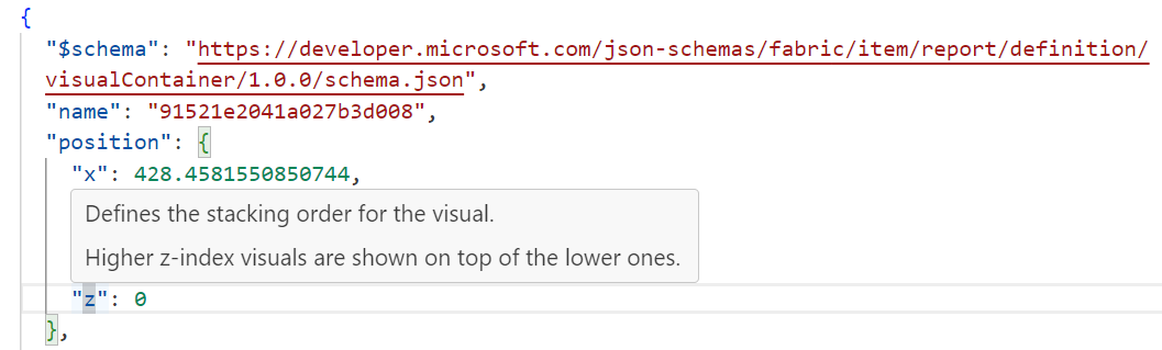Снимок экрана: всплывающая подсказка схемы JSON PBIR.