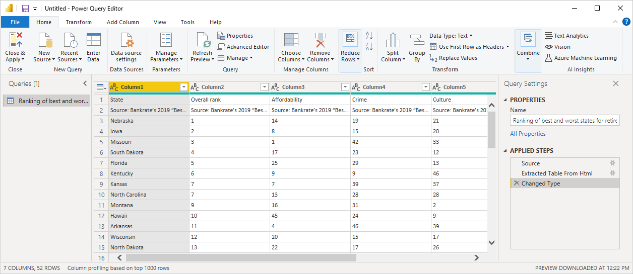 Screenshot of Power B I Desktop showing the Power Query Editor with Query Settings.