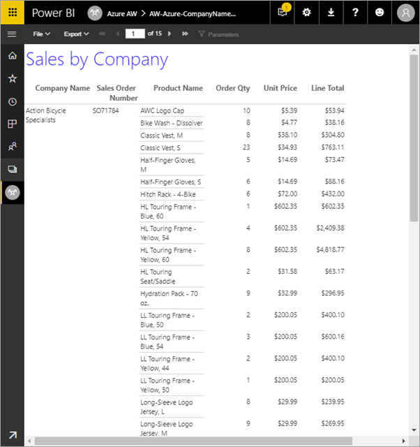 Снимок экрана: отчет с разбивкой на страницы в служба Power BI.
