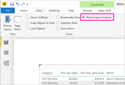 Screenshot of the Performance Analyzer option in the View ribbon.