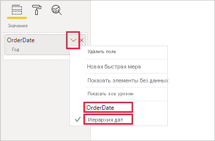 Screenshot showing example of a visual field configuration for the OrderDate hierarchy.