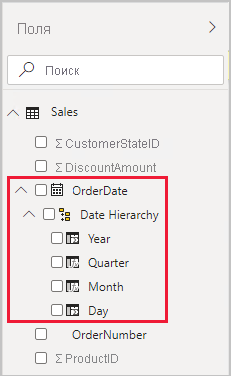 Screenshot showing example of the Fields pane, with the Sales table expanded open.