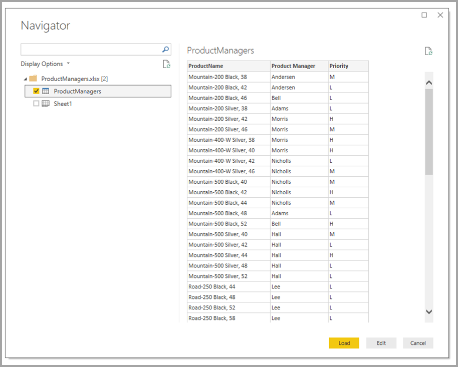 Снимок экрана: окно навигатора после выбора файла Excel в качестве источника.