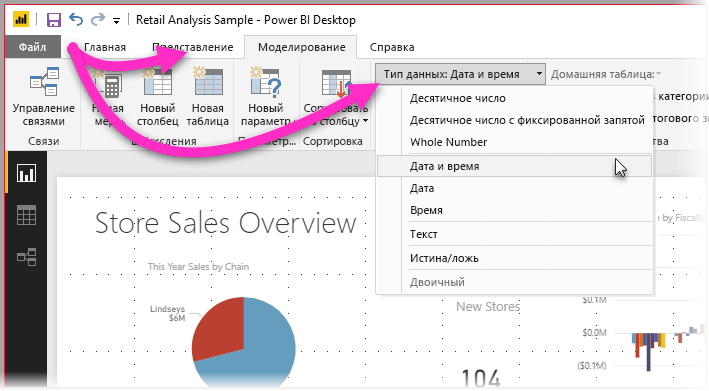 Screenshot of Power BI Desktop showing the Modeling tab with the Data Type filter selected.