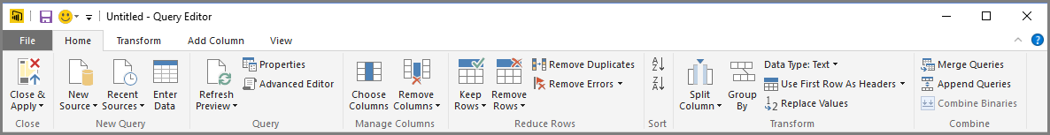 Screenshot of Power BI Desktop showing the Power Query Editor query ribbon.