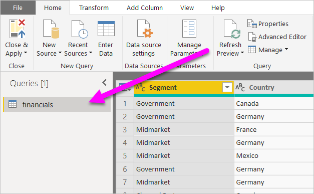 Screenshot of Power BI Desktop showing Queries in the left pane.