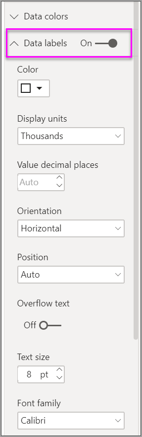 Screenshot that shows formatting options for data labels in Power BI.