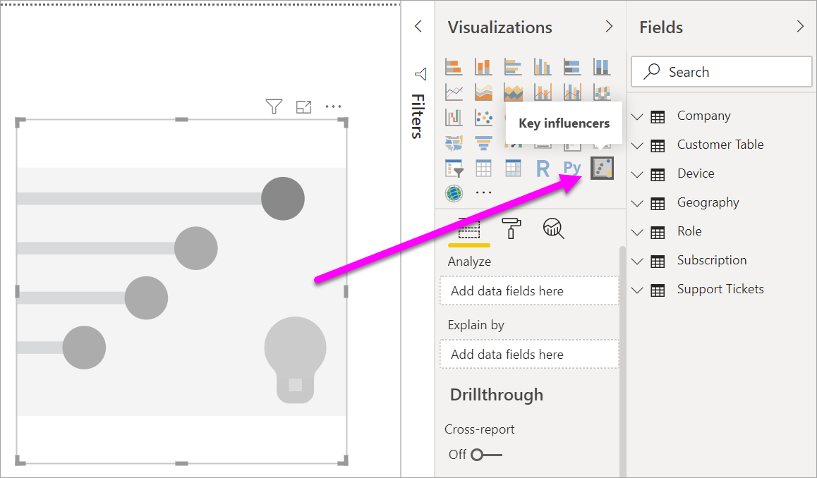 Screenshot of the Key influencers icon on the Visualizations pane.