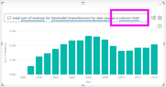 Screenshot that shows how to convert the Q&A visual to a column chart by adding more text to the question.