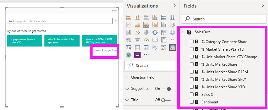 Screenshot that shows the report canvas with all suggestions visible and some of the Data pane fields expanded.