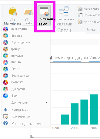 Screenshot that shows how to select the Themes drop-down menu in Power BI Desktop.