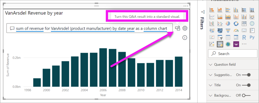 Screenshot that shows how to convert the Q&A visual into a standard visual.