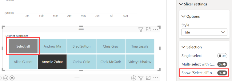 Screenshot of adding a Select all option to a slicer.
