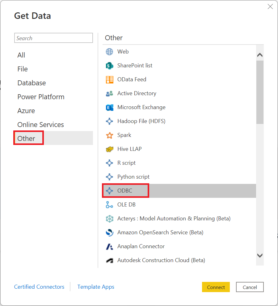 Снимок экрана: диалоговое окно получения данных Power Query Desktop с выбранным вариантом O D B C.