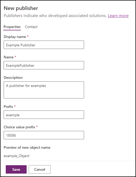 Form to create a new publisher with information for Example Publisher