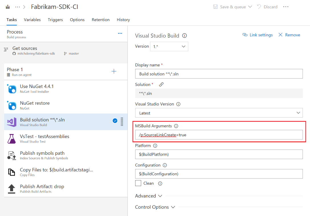 MSBuild arguments in the build solution task