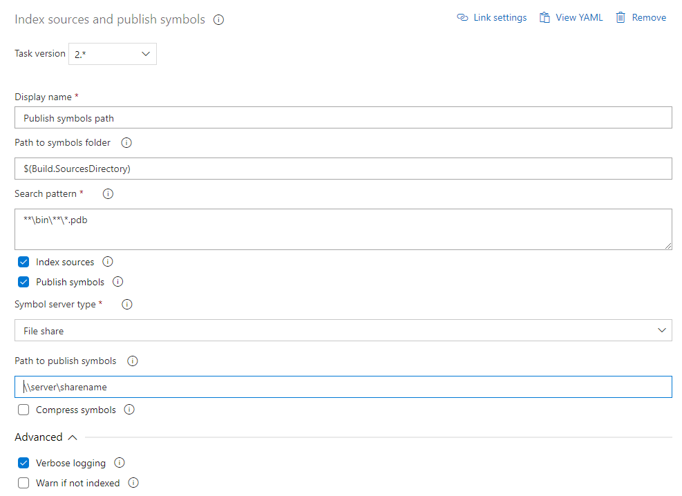 Screenshot showing the index sources and publish symbols task to publish symbols to a file share