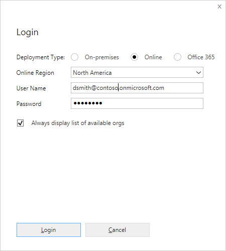 Login dialog for an online deployment