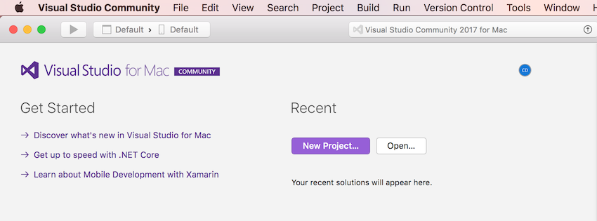 Основной интерфейс Visual Studio для Mac