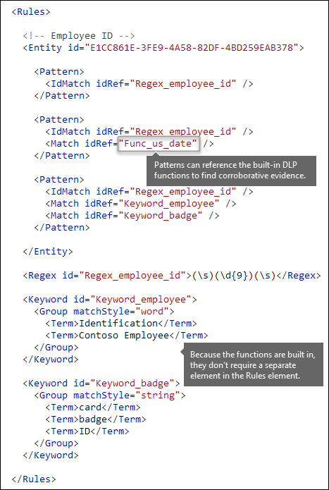 Разметка XML, показывающая элемент Match, ссылающийся на встроенную функцию.