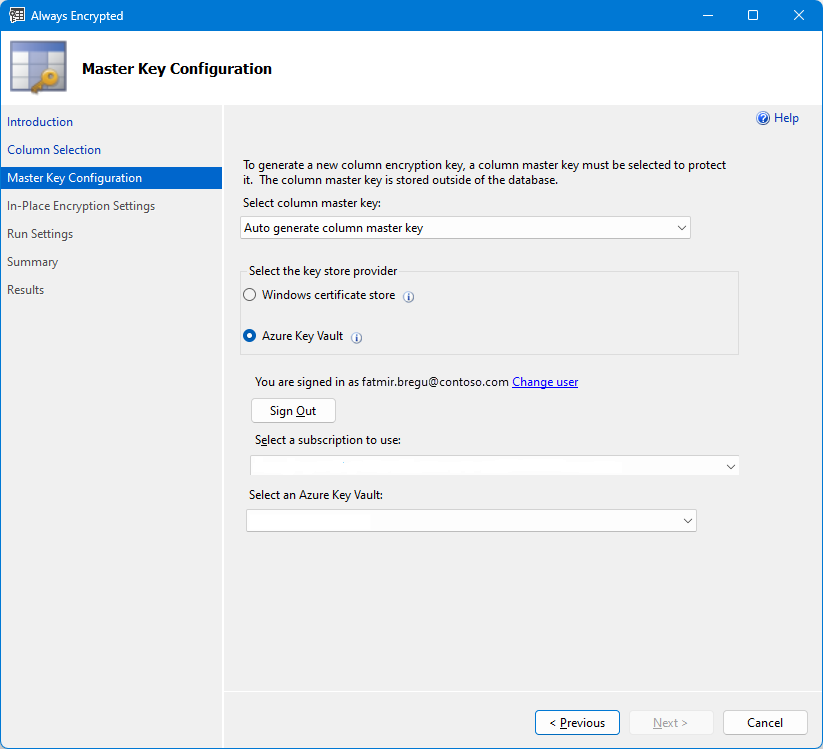 Снимок экрана выбора главного ключа в мастере Always Encrypted с использованием Azure Key Vault.