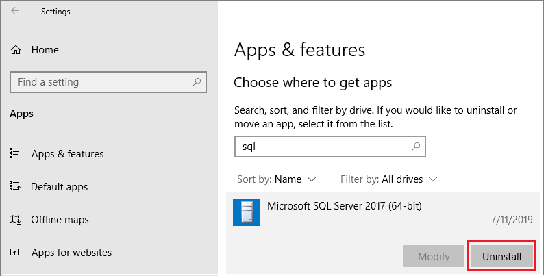 Снимок экрана: удаление SQL Server.