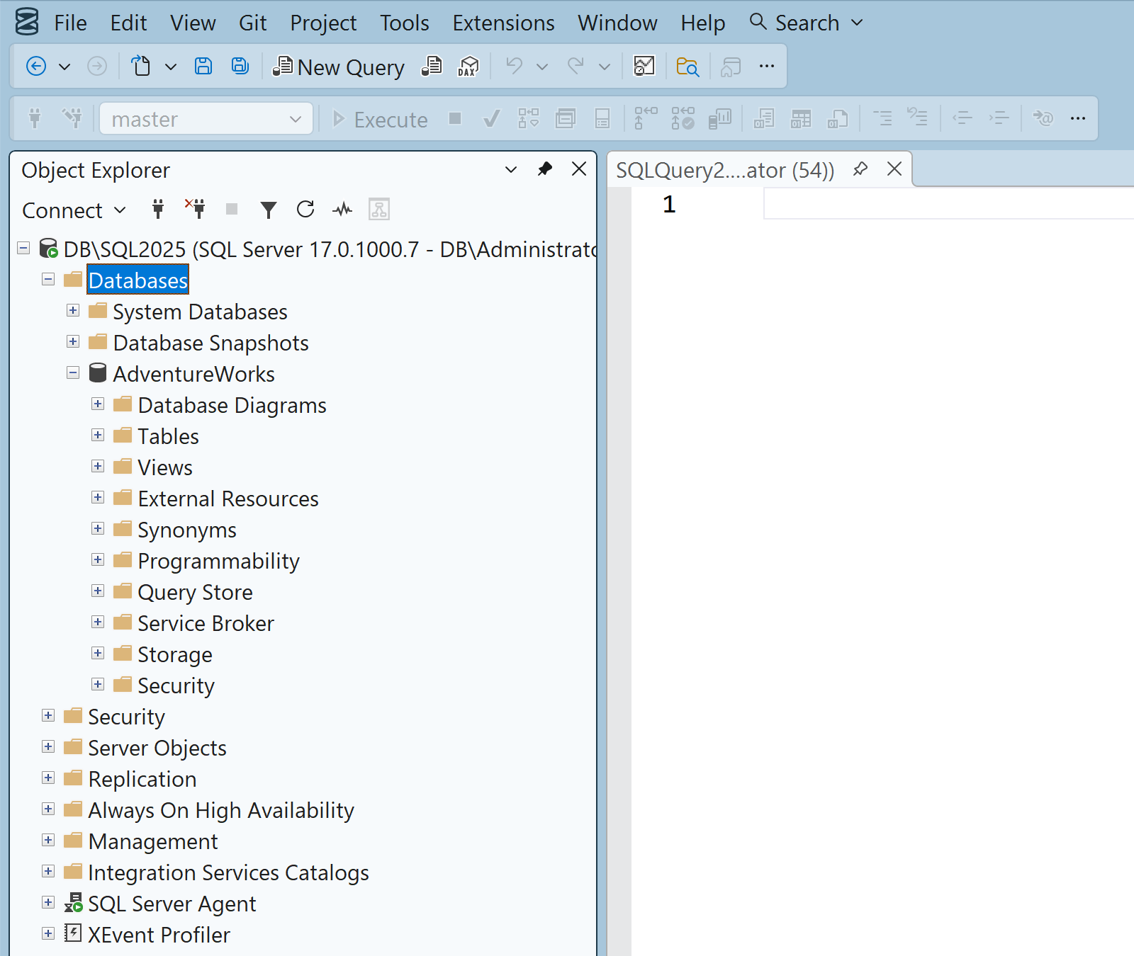 Снимок экрана: SQL Server Management Studio.