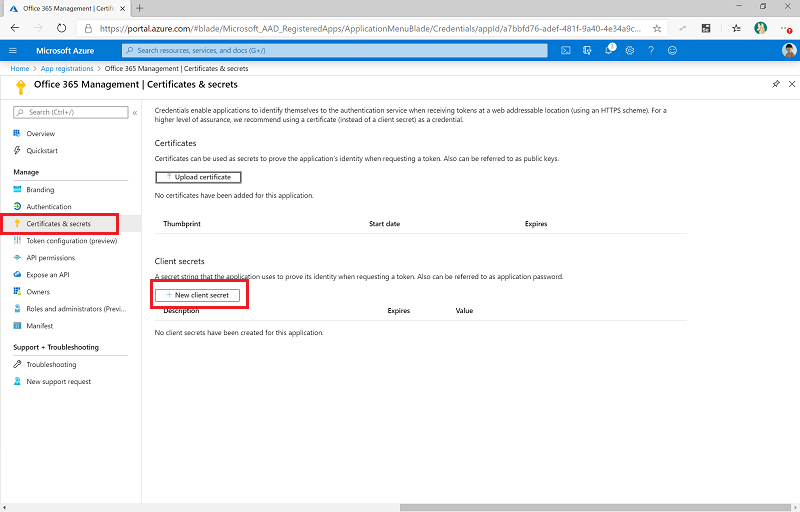 Screenshot of select New client secret.