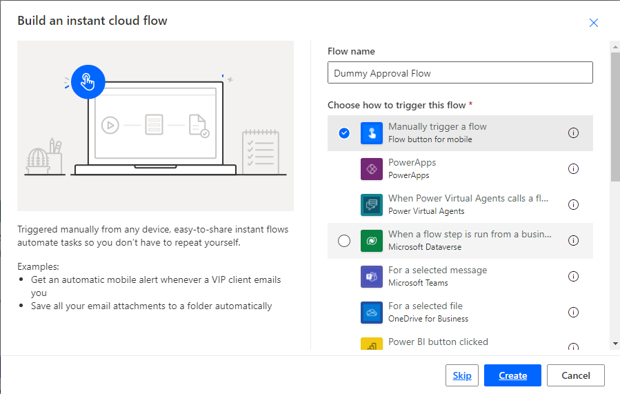 Screenshot of a manually triggered flow.