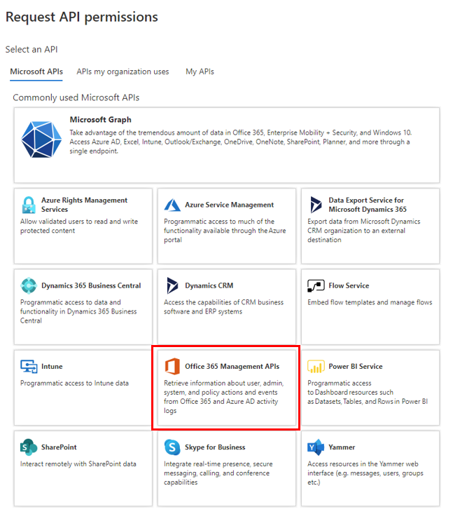 Screenshot of select Office 365 Management APIs and configure permissions.