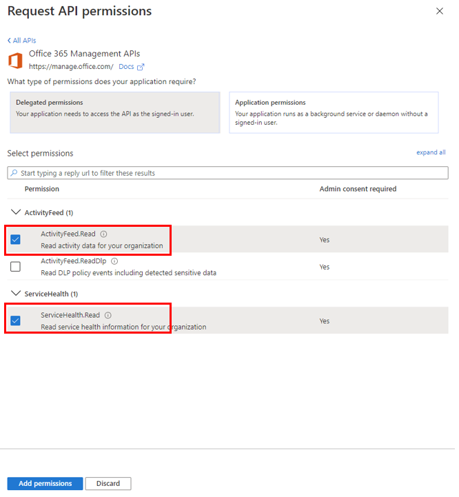Screenshot of select Application permissions.