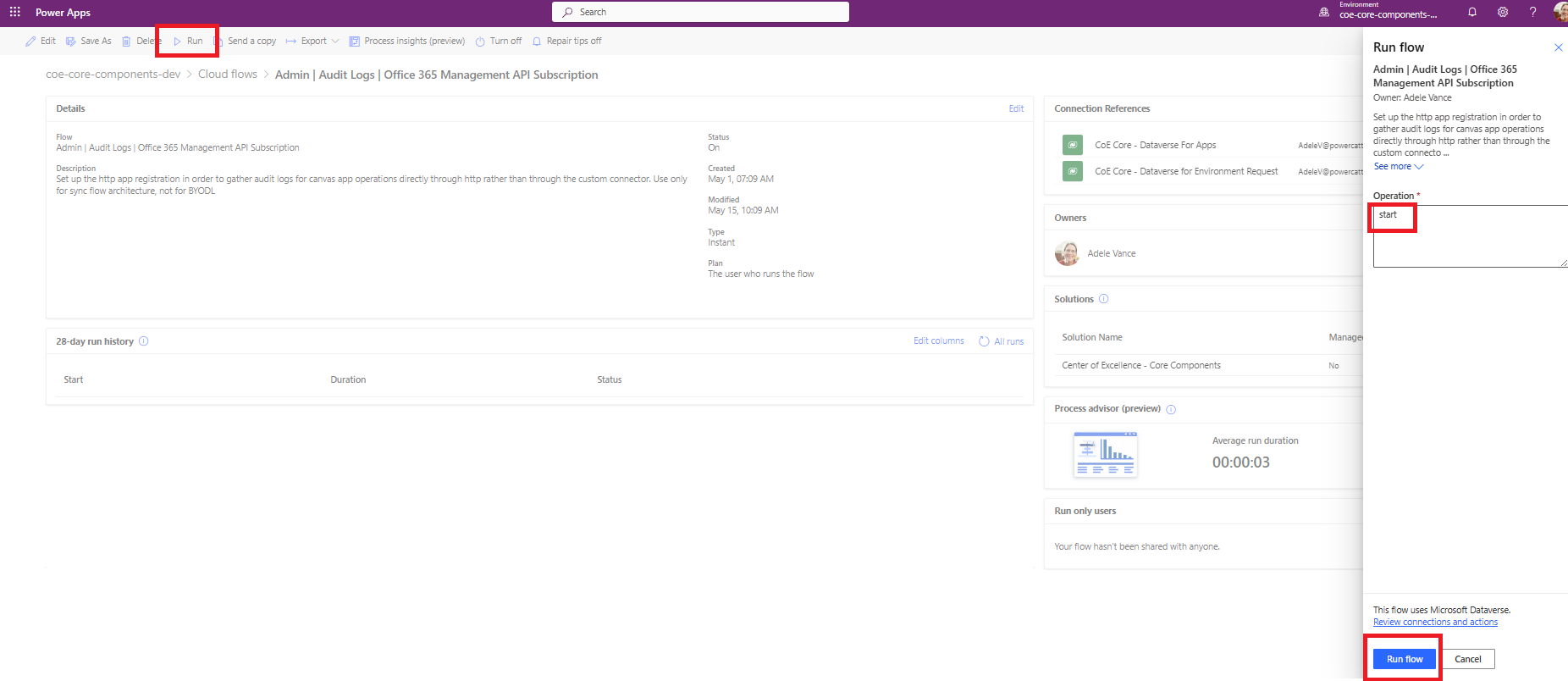 Screenshot of Admin Audit Logs Office 365 Management API Subscription.