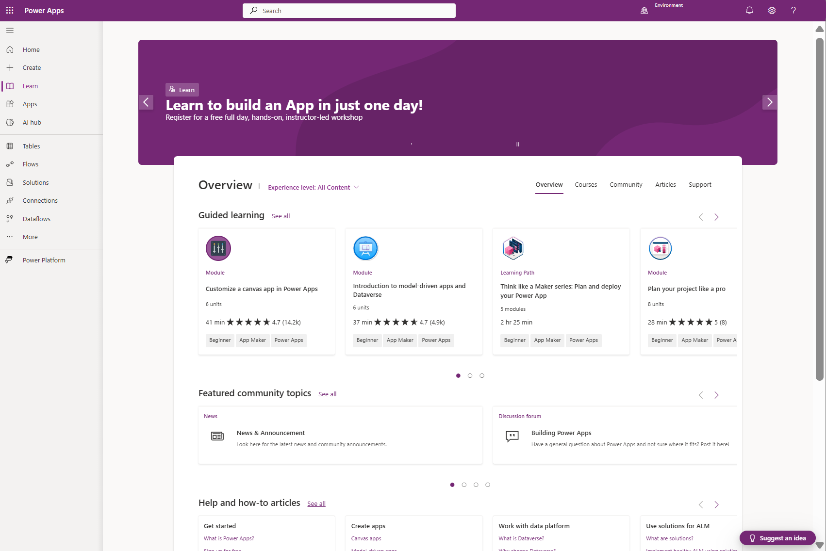 Screenshot of the Learn tab of the Power Apps Maker Portal.