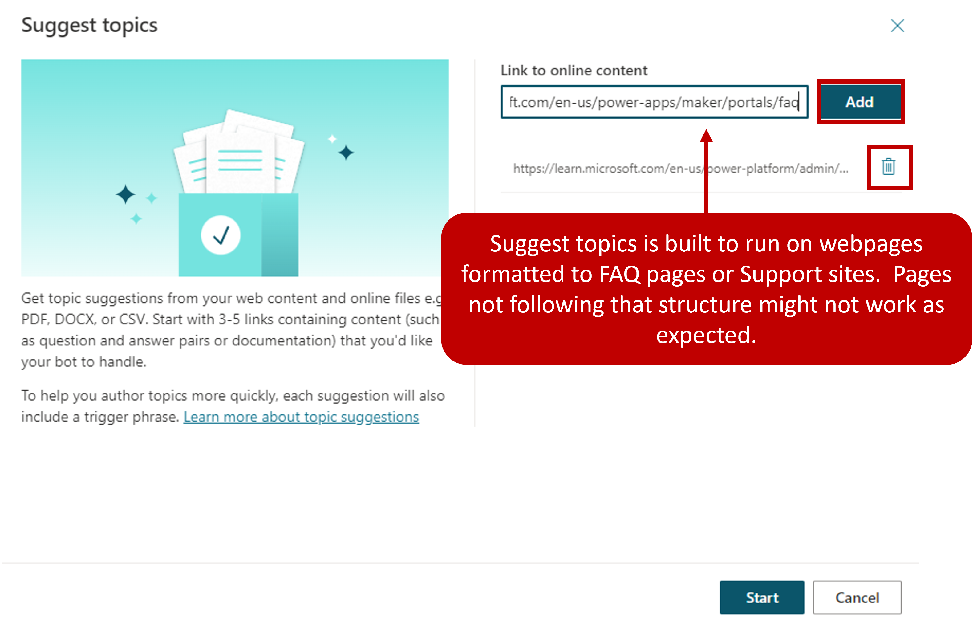 Screenshot of the Suggest topics dialog with the note Suggest topics is built to run on web pages formatted to FAQ pages or Support sites. Pages not following that structure might not work as expected.