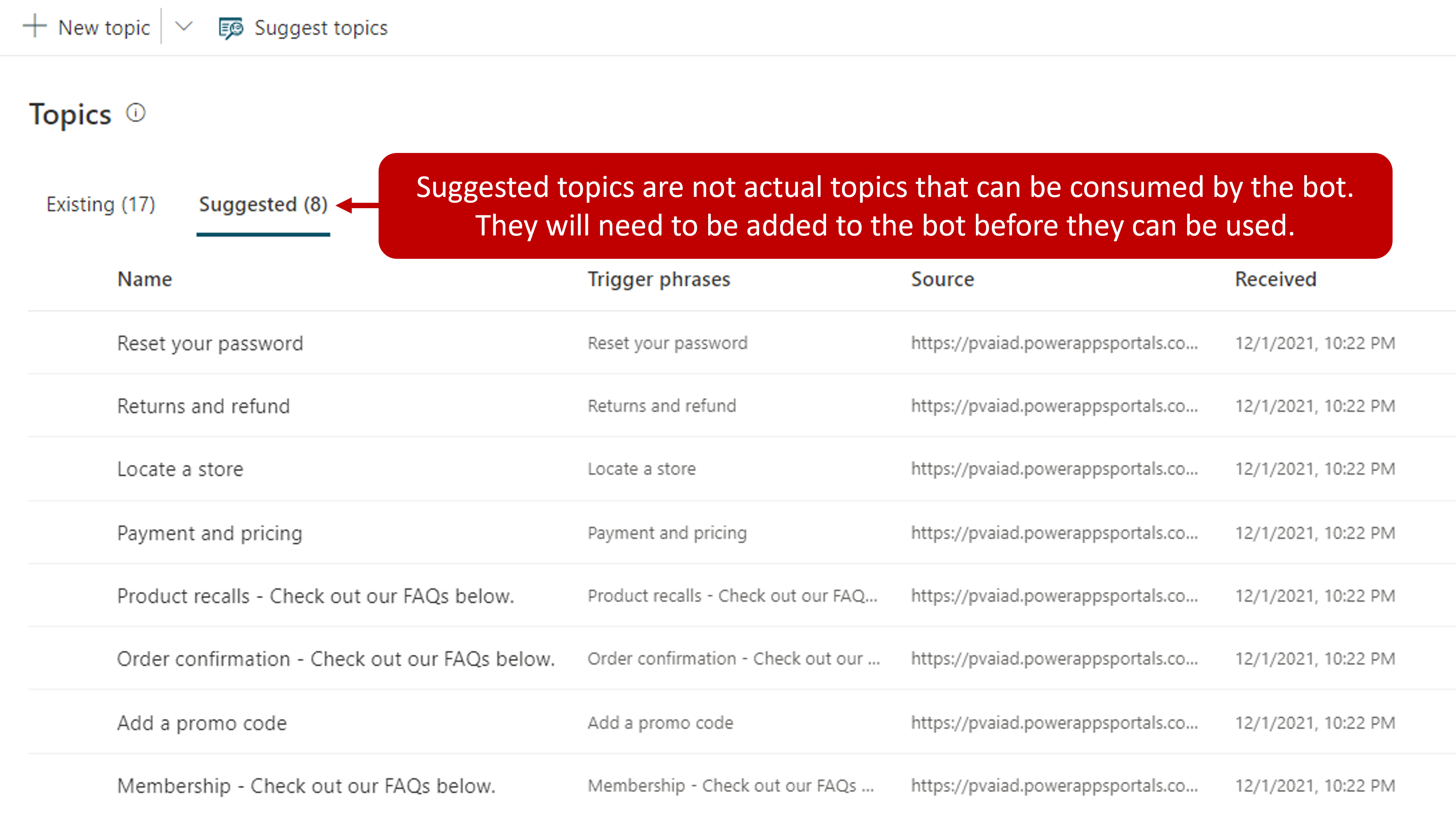 Screenshot showing the Topics list on the Suggested tab. Suggested topics are not actual topics that can be consumed by the copilot. They must be added before they can be used.