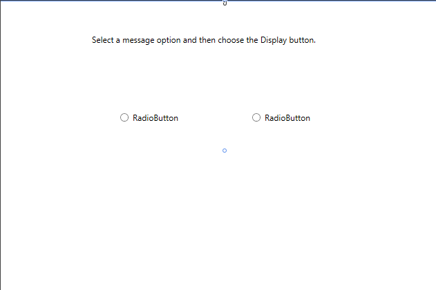 снимок экрана: окно конструктора для Greetings.xaml с элементом TextBlock и двумя элементами управления RadioButton в области конструктора.
