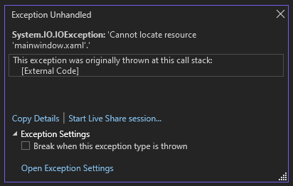 снимок экрана окна вывода с сообщением System.IO.IOException, не удается найти ресурс mainwindow.xaml.