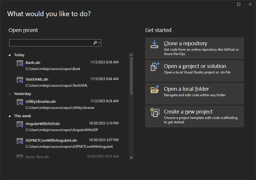 Снимок экрана: окно запуска в Visual Studio 2022.