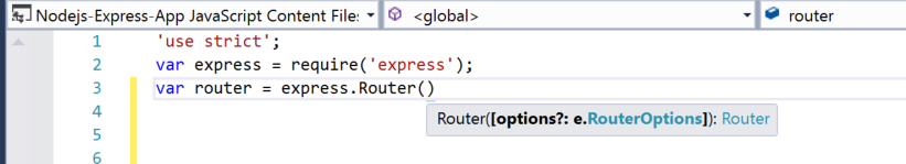 снимок экрана окна кода Visual Studio с введенным кодом JavaScript. Сведения о IntelliSense отображаются для функции Маршрутизатор().