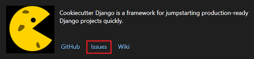 снимок экрана, показывающий, как открыть список известных проблем для шаблона в проводнике Cookiecutter.