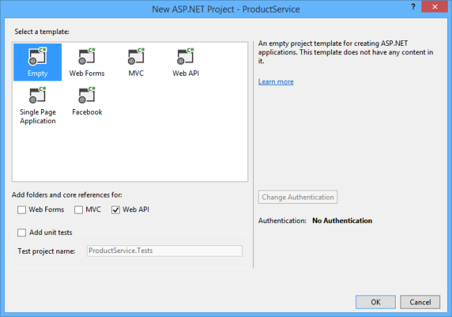 템플릿 옵션 상자를 표시하고 '빈' 옵션을 강조 표시하는 A SP dot NET 프로젝트 대화 상자의 스크린샷