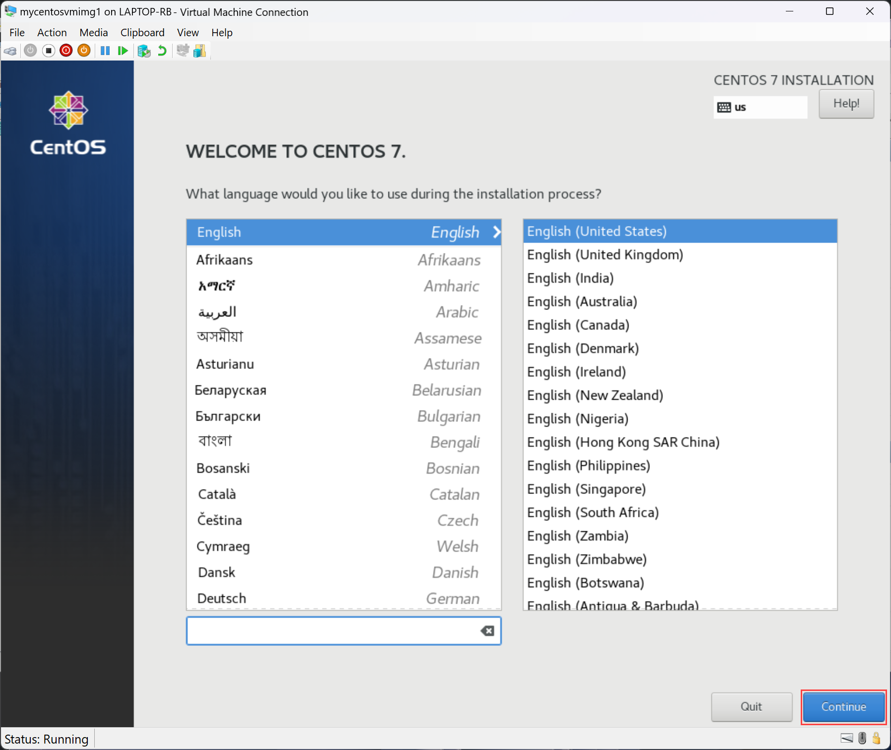 CentOS 설치 중에 언어를 선택하는 방법을 보여 주는 스크린샷