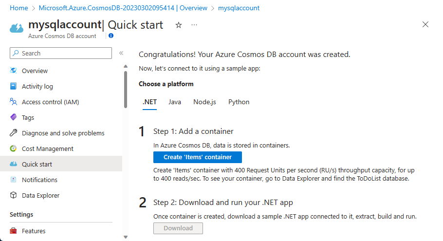 Azure Cosmos DB 계정 페이지를 보여 주는 스크린샷.