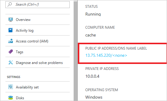 Azure Portal에 표시된 가상 머신의 공용 IP 주소를 보여주는 스크린샷