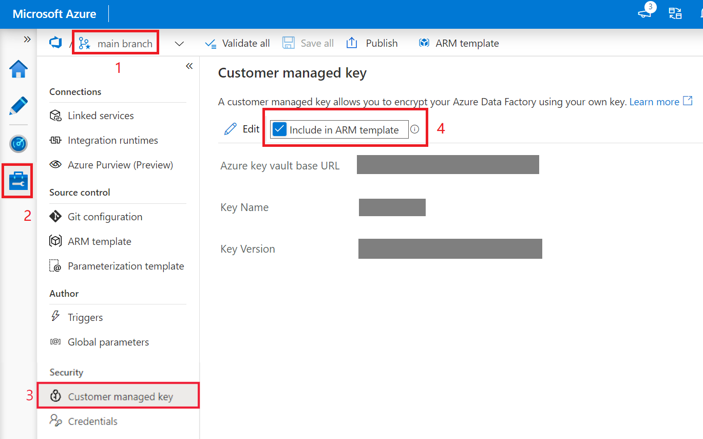 Screenshot of including customer managed key setting in ARM template.