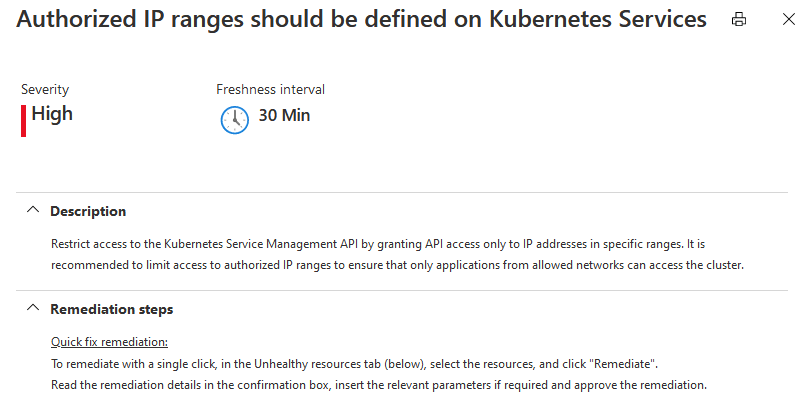 빠른 픽스 옵션을 제공하는 [Kubernetes 서비스에서 권한 있는 IP 범위를 정의해야 함] 권장 사항