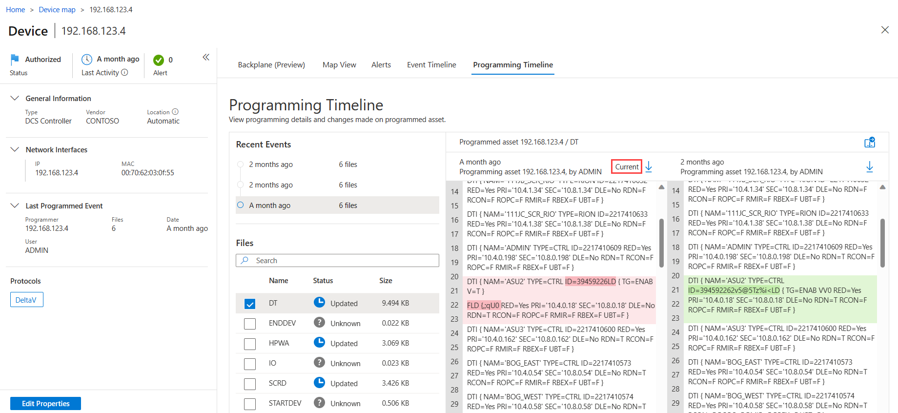 Screenshot of programming file comparison side by side.