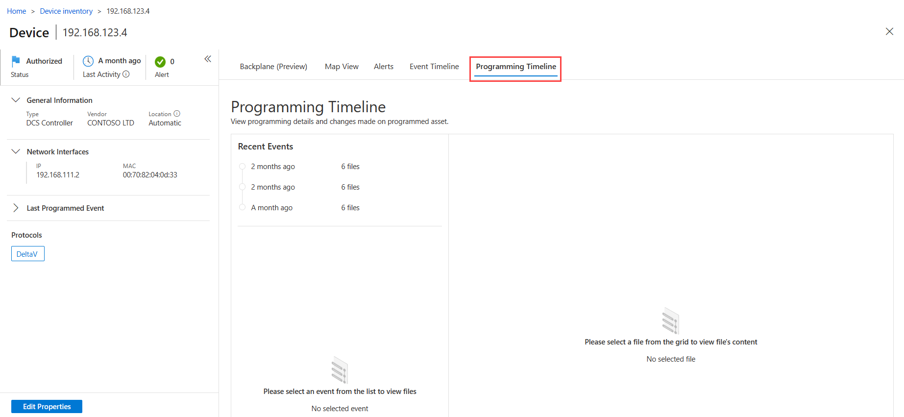 Screenshot of programming timeline tab on device details page.