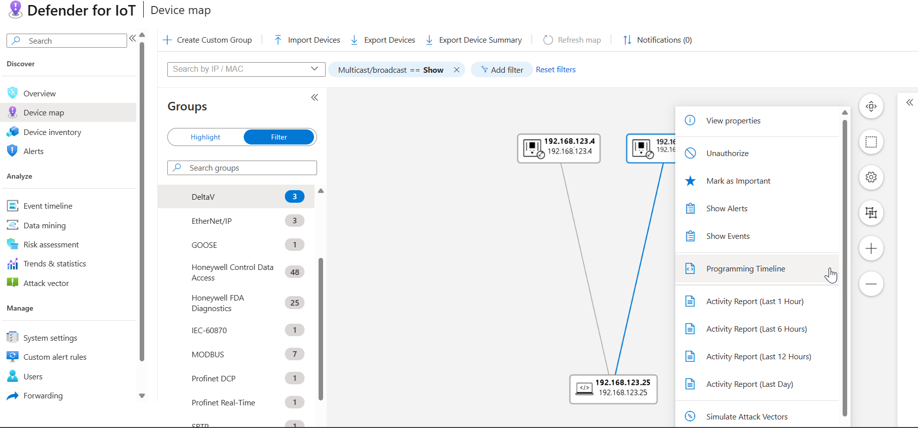 Screenshot of the programming timeline option from the device map.