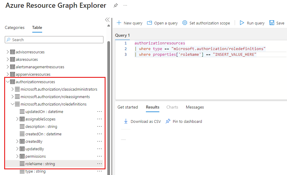 리소스 종류 및 속성을 강조 표시하는 Azure Resource Graph 탐색기 스키마 브라우저의 스크린샷.